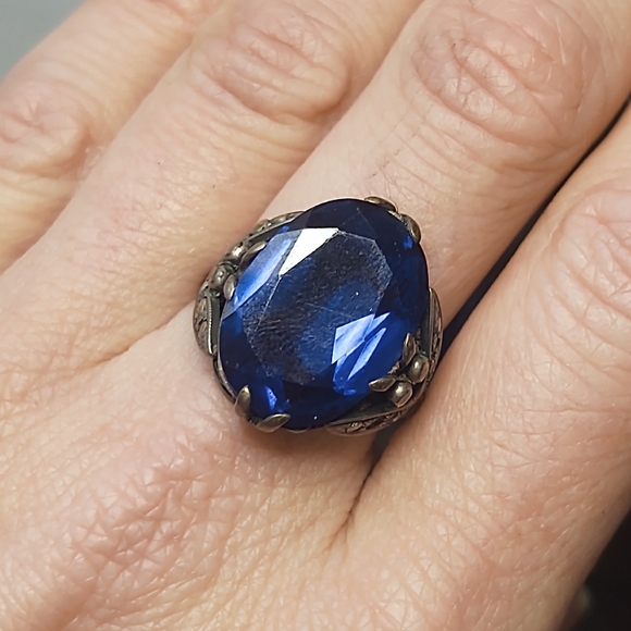 Antique Victorian Sapphire Blue Oversized Sterling Silver Cocktail Ring- Size 9 - Picture 2 of 8